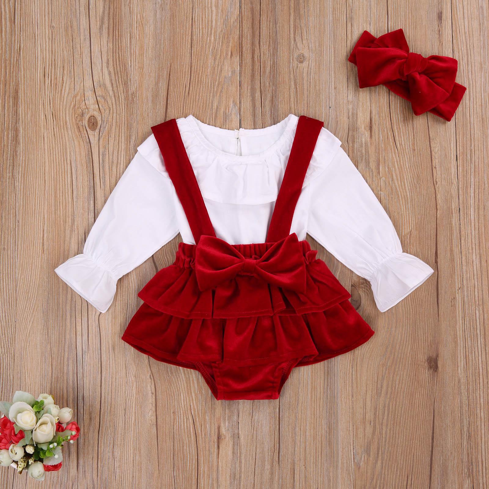 Ma & Bé 0-24M Giáng Sinh Cho Trẻ Sơ Sinh Bé Gái Quần Áo Bộ Xù Trắng Áo Nơ Đỏ Nhung quần Short Đầu Bộ Trang Phục Xmas