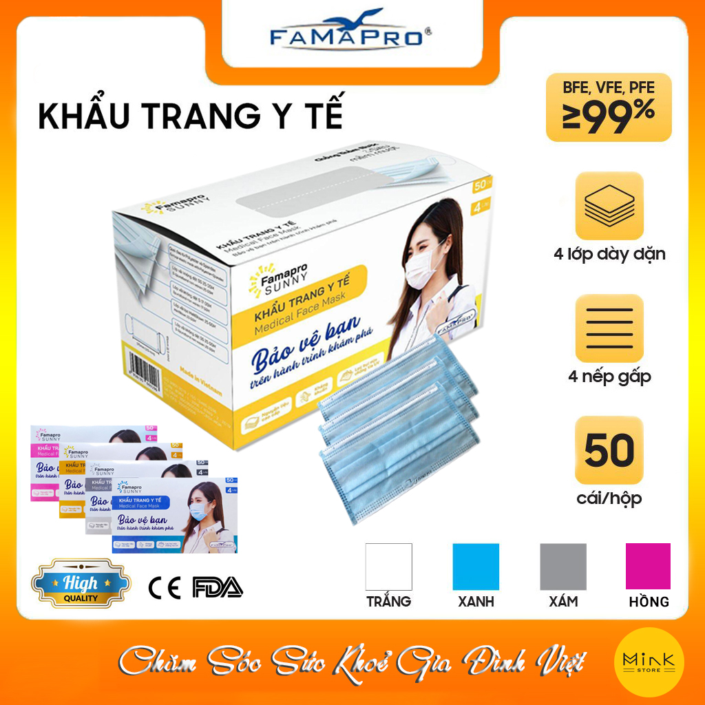 Khẩu Trang Y Tế (Famapro Sunny)/ 4 Lớp Kháng Khuẩn Lọc Bụi Mịn, Chống Tia UV [Hộp 50 Cái