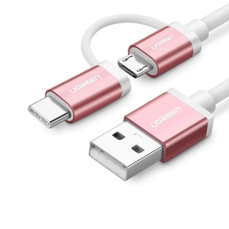 Ugreen UG30543US177TK 1M màu Hồng Cáp USB-A sang Micro USB + USB-C cao cấp - HÀNG CHÍNH HÃNG