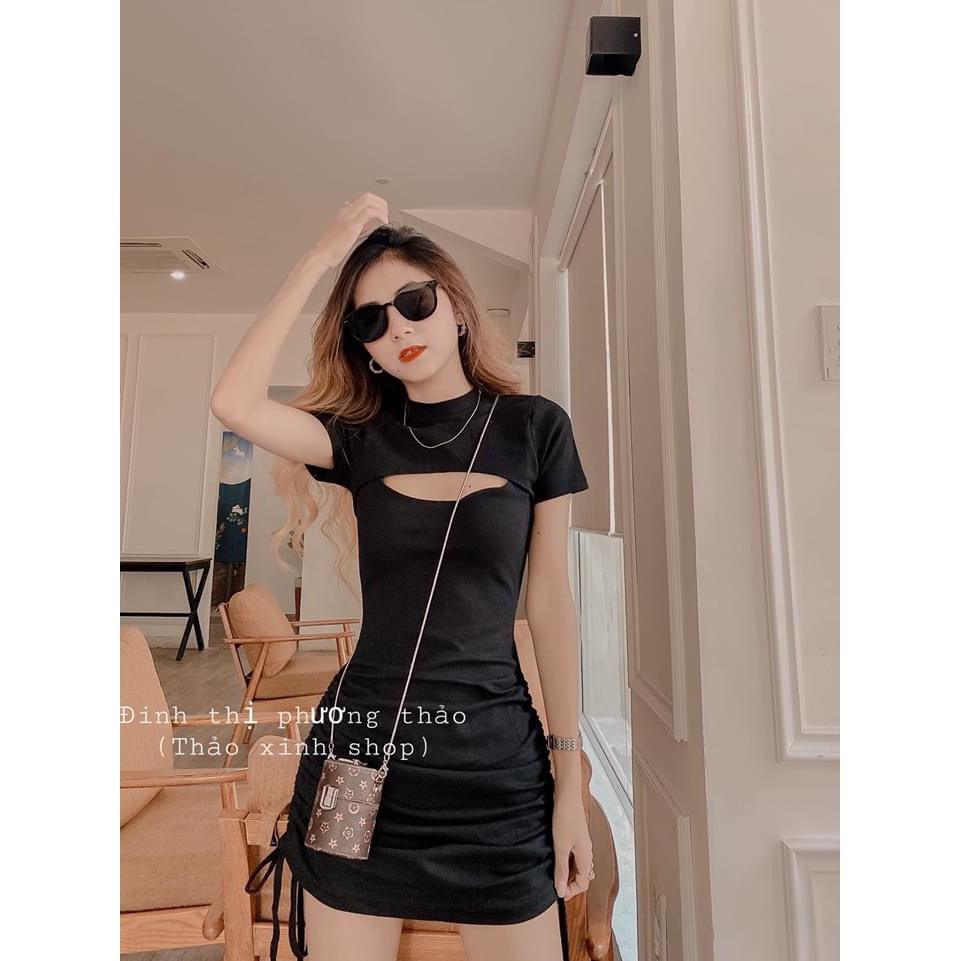 Váy ôm body khoét ngực dây rút hông chất cotton