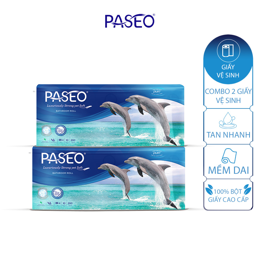 Combo 2 Giấy vệ sinh PASEO Dolphin 10 cuộn 4 lớp in hoa văn độc đáo, mềm dai, tan nhanh trong nước