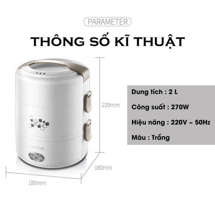Hộp cơm văn phòng giữ nhiệt cắm điện Yoice tròn trắng 3 tầng khay inox dung tích 2l hâm nóng cực nhanh - HÀNG CHÍNH HÃNG