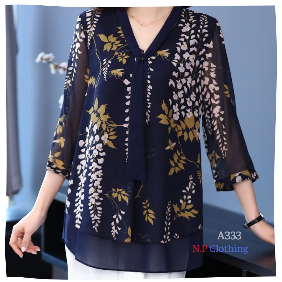 ️Có Big Size️Áo Kiểu Trung Niên Phối Họa Tiết Sang Trọng Đi Tiệc Cho Mẹ U50-80