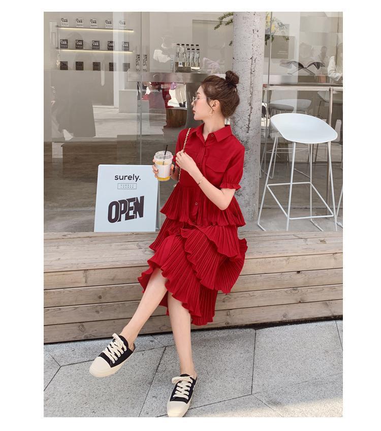 SHUANGYAN Blue Sea Yueno Fairy Mori Dress Platterone váy mối tình đầu màu đỏ 2023 mùa hè khí chất bánh váy chiffon đầm