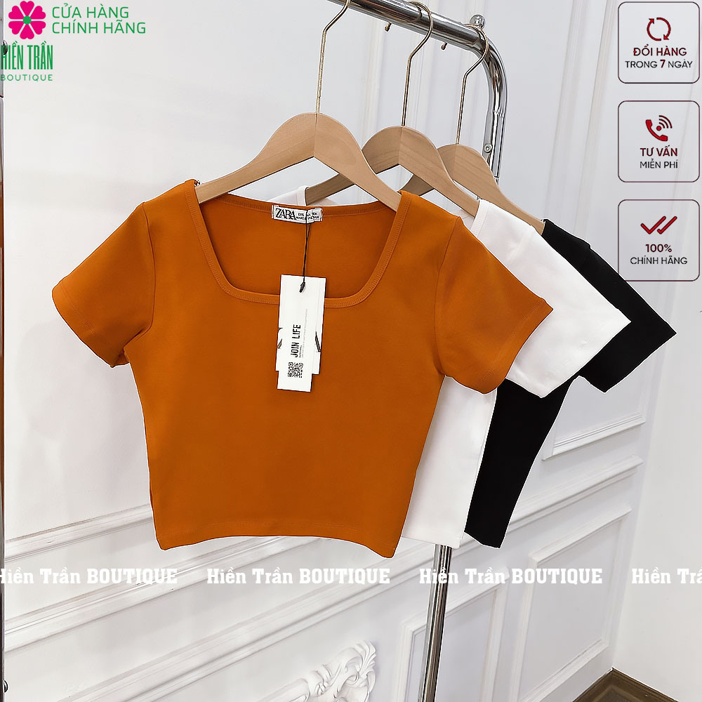 Áo croptop HIỀN TRẦN cổ vuông vải cotton co giãn tốt ba lỗ nữ cộc tay body thun ôm