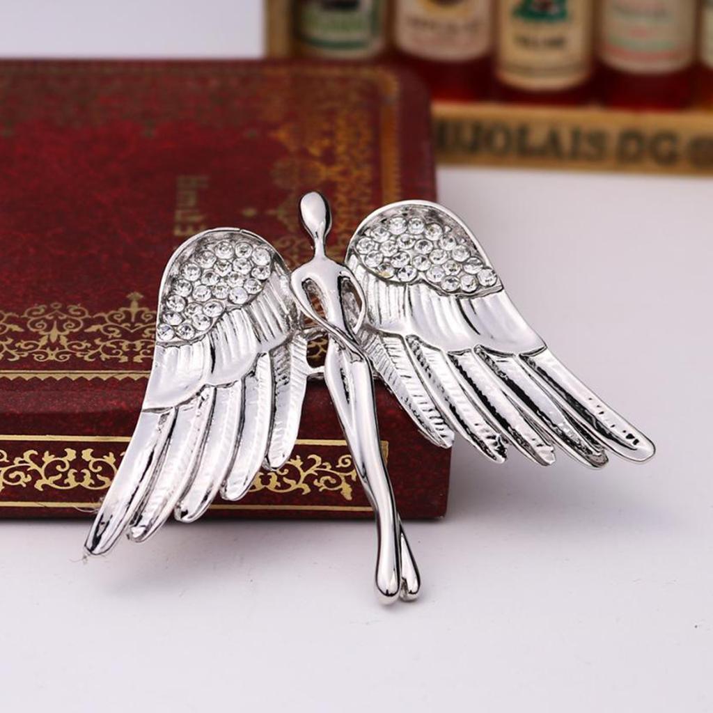 2X Fashion Angel Wings Brooch Charming Crystal Brooch Pin for Men Women Silver