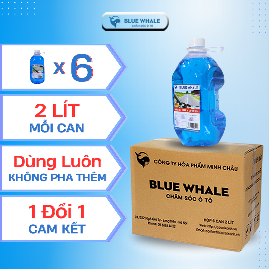 Hộp 6 can nước rửa kính ô tô Cá Voi 2L phù hợp mọi loại xe hơi, đổ trực tiếp vào bình chứa không cần pha thêm