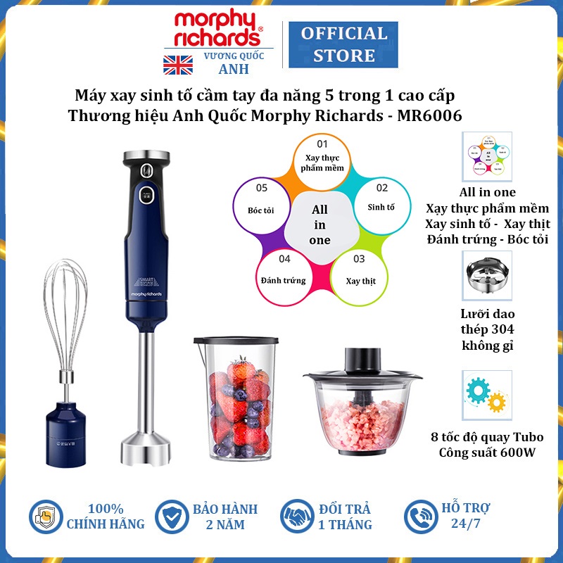 Máy xay sinh tố cầm tay 4 trong 1 kiêm bóc tỏi Morphy Richards MR6006 - HÀNG NHẬP KHẨU