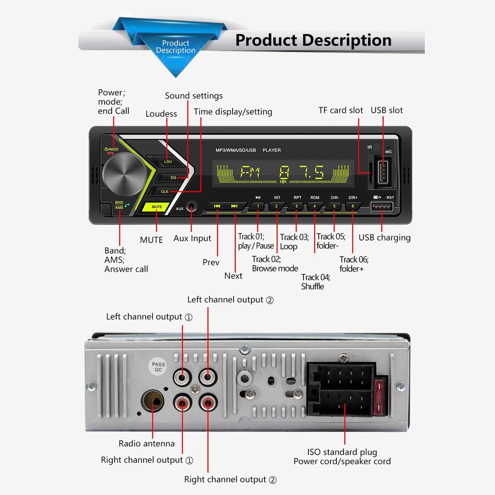 Colorful Lights Car Bluetooth Audio Hands Free Calling MP3 Player