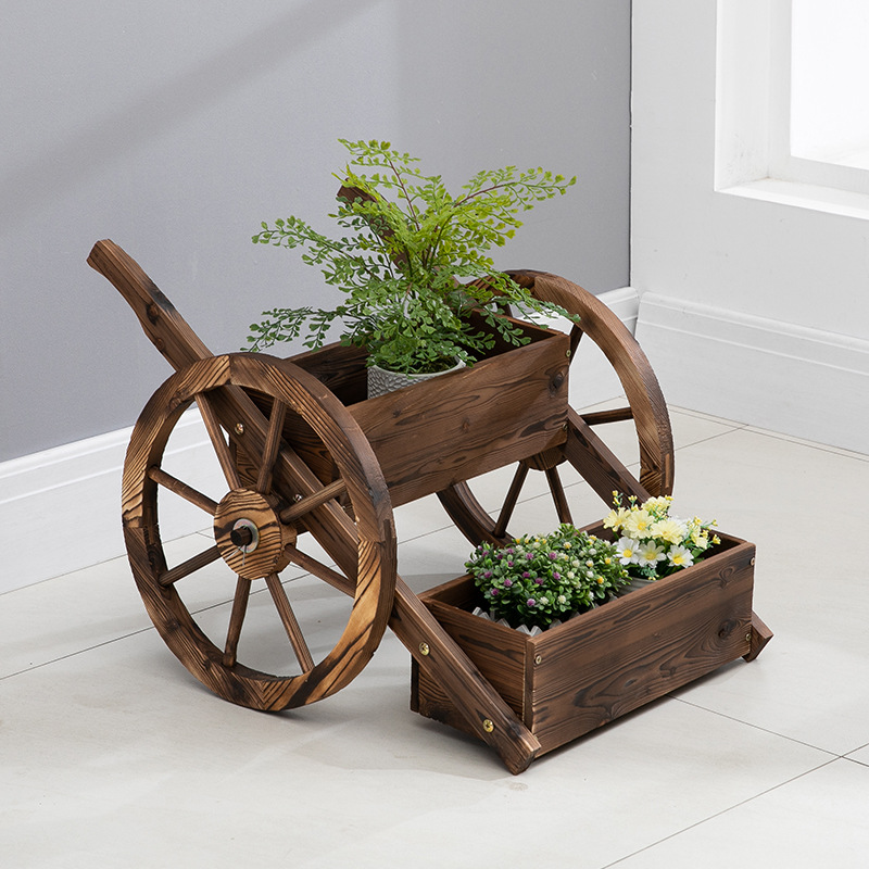 Kệ để chậu hoa cây cảnh ngoài trời 2 tầng kiểu dáng xe đẩy có thể đặt được nhiều lại chậu cây khác nhau kệ trồng cây ngoài trời bằng gỗ thông cao cấp - kệ gỗ Keria KG07