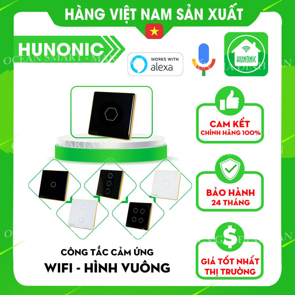 Công Tắc Thông Minh Wifi Hunonic, Công Tắc Điều Khiển Từ Xa Qua Điện Thoại Hình Vuông - HNSV