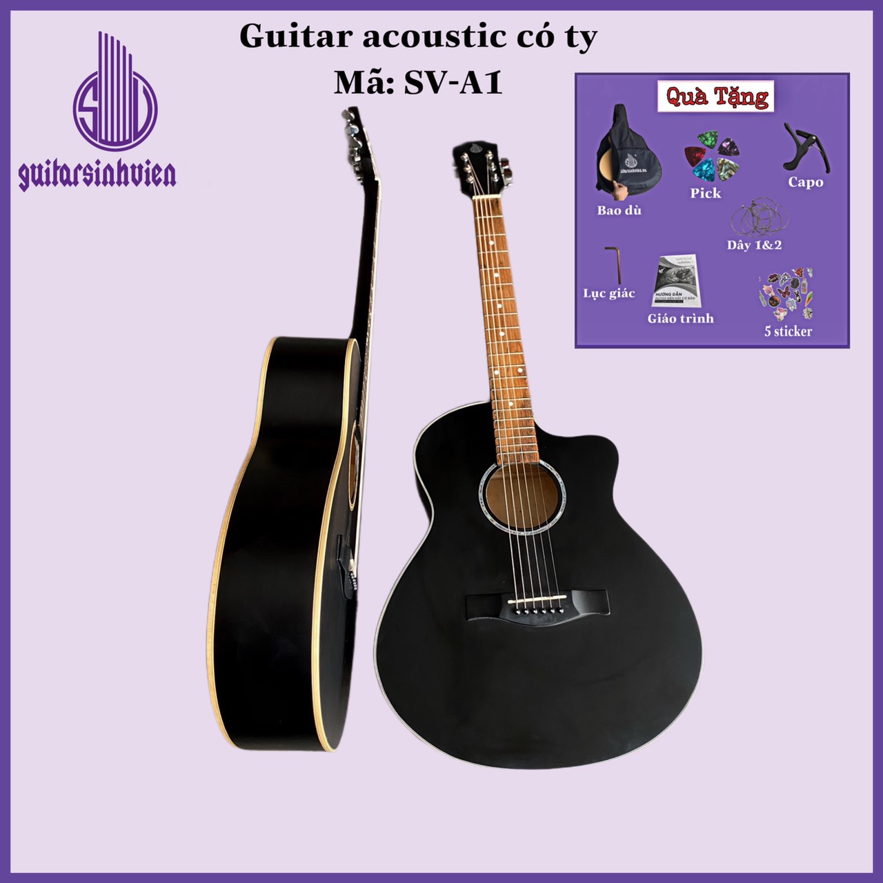 Đàn guitar acoustic có ty màu đen - Mặt gỗ thông nguyên tấm guitar SVA1