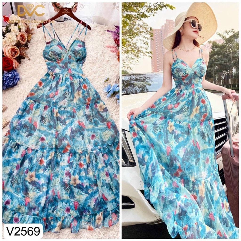 Đầm maxi hoa xanh hai dây dự tiệc hoặc đi biển mẫu có mút ngực thời trang nữ thiết kế phù hợp mọi phong cách
