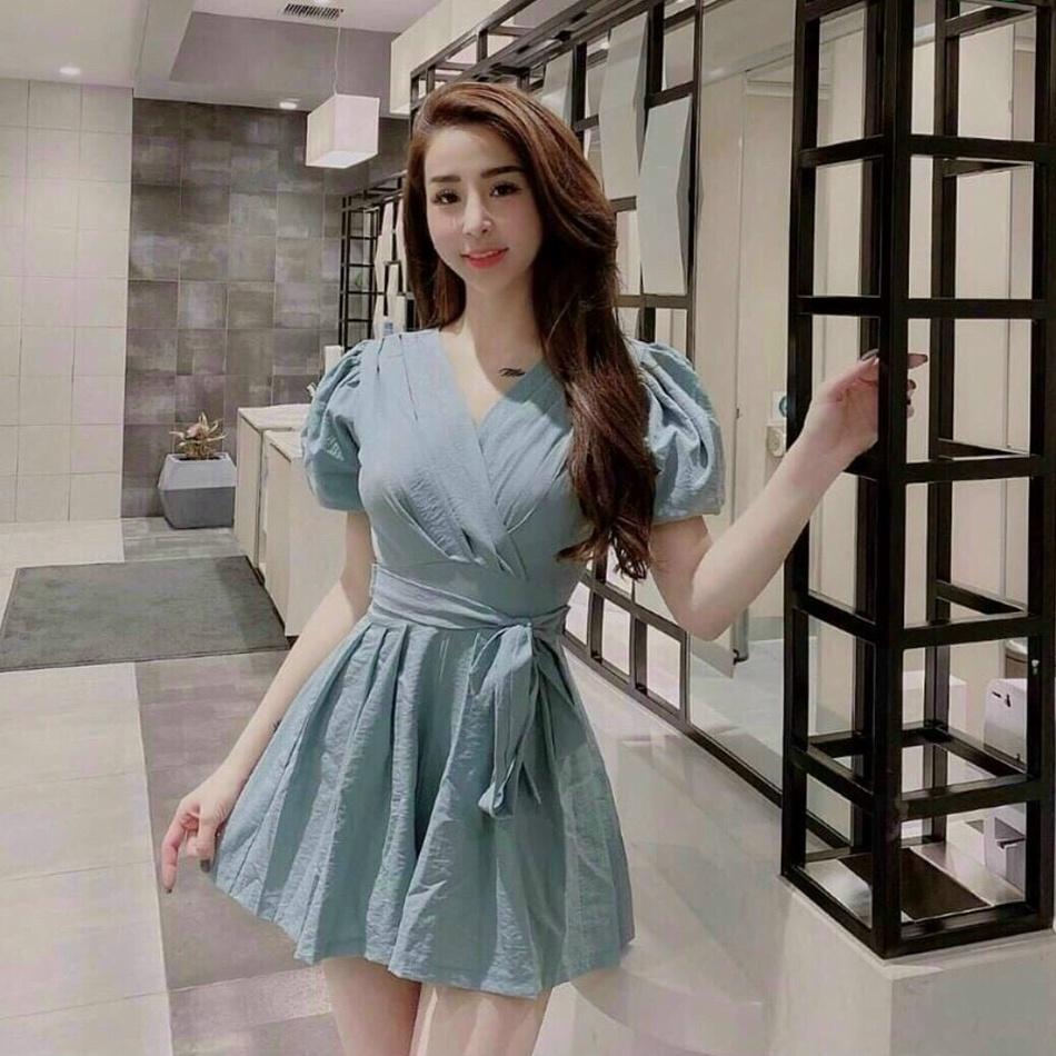 Jum Tay Phồng Xếp Ly Dây Cột Eo Cổ V Thời Trang Nữ Thiết Kế Sang Trong Phù Hợp Mọi Phong Cách