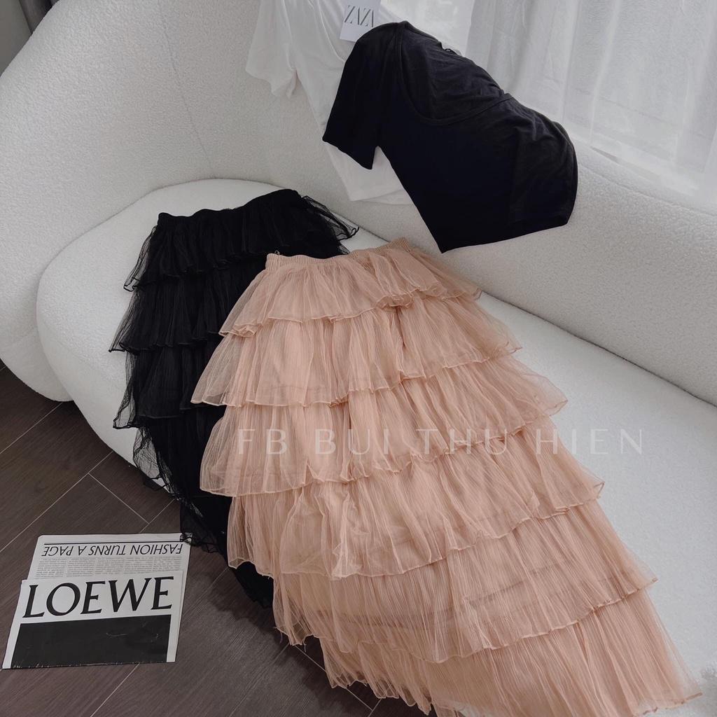 SET ĐI CHƠI, SET 2 MÓN ÁO THUN CROPTOP CỔ U TAY NGẮN PHỐI CHÂN VÁY TẦNG DÀI CỰC XINH - áo đen váy nâu