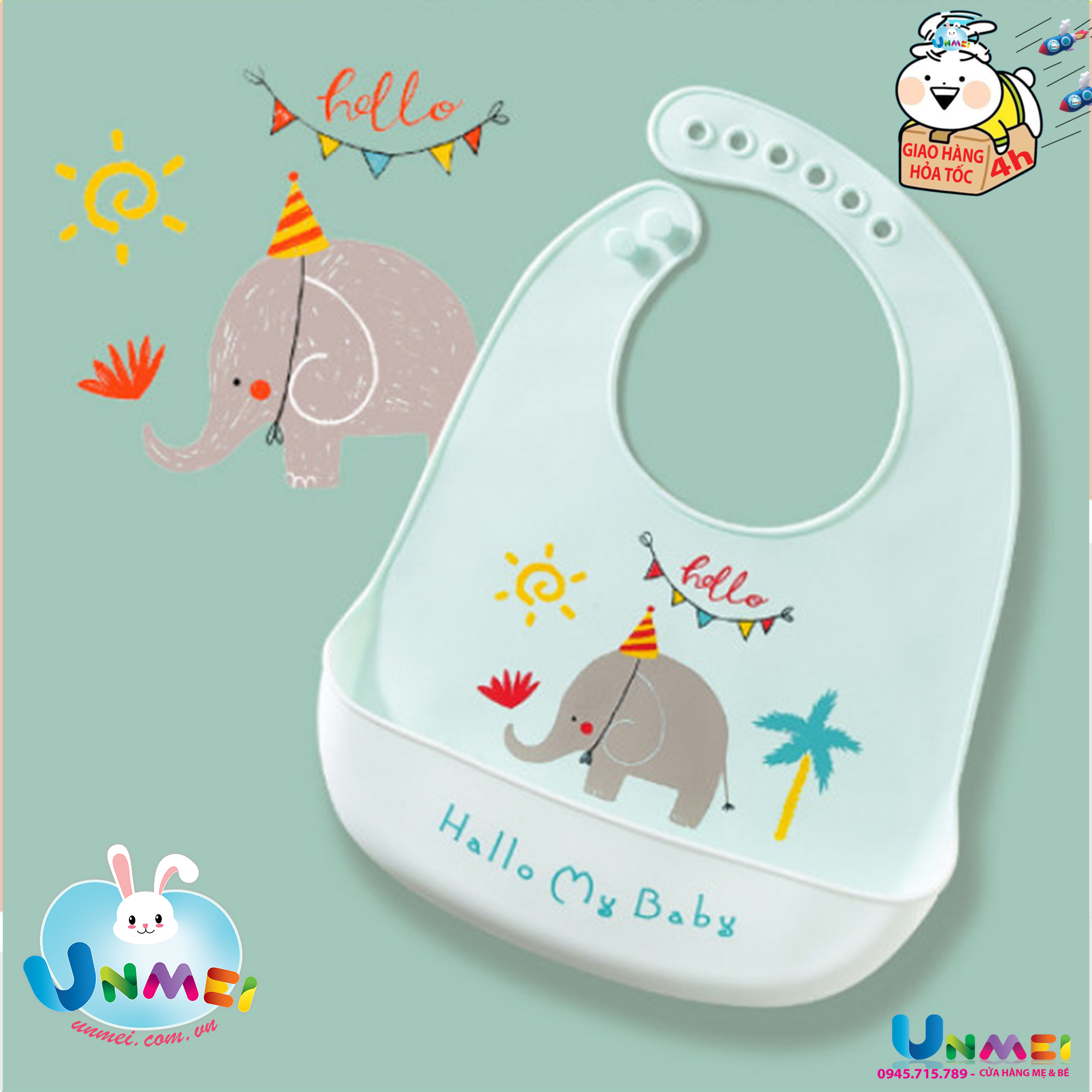 Yếm ăn dặm silicon Unmei cho bé cao cấp, có máng chống thấm, hình thú siêu cute tiện dụng