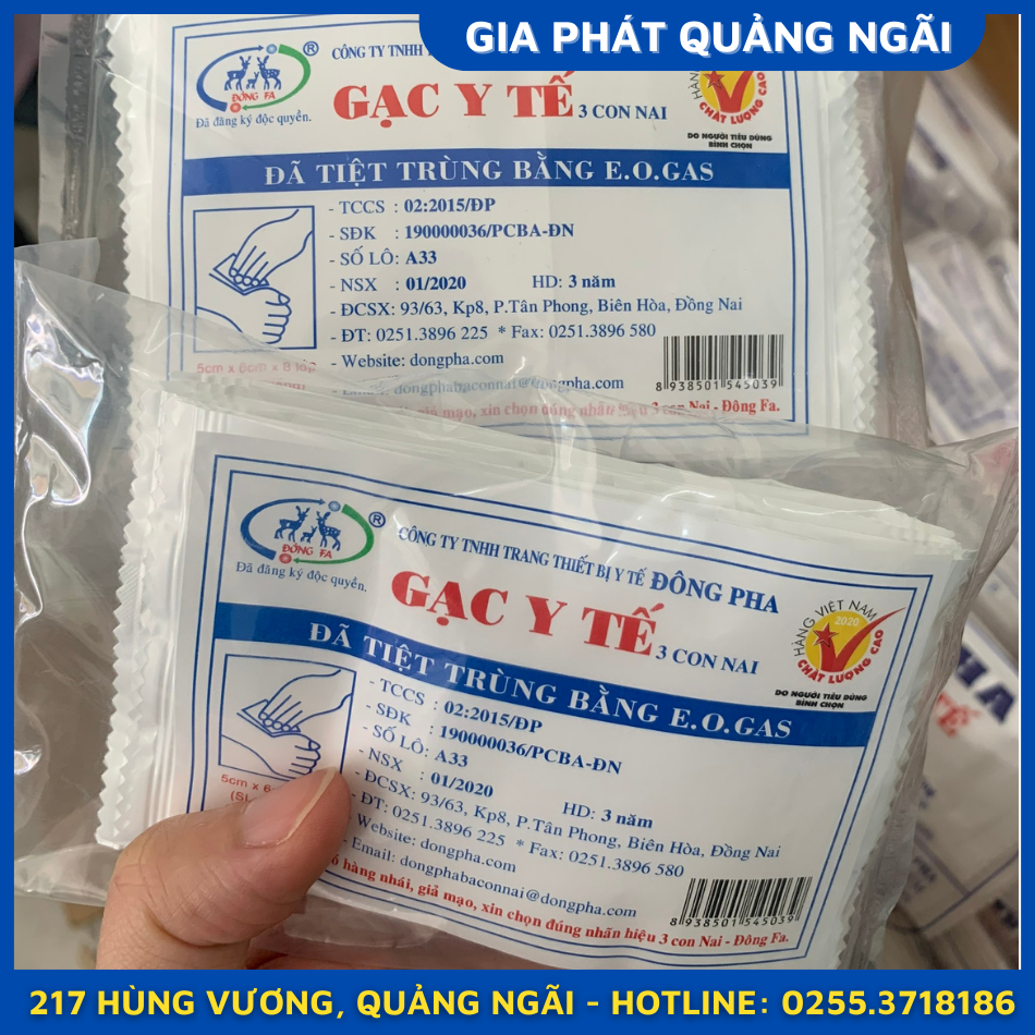 GẠC Y TẾ TIỆT TRÙNG 5x6CM ĐÔNG PHA 3 CON NAI (BÌ 10 MIẾNG)