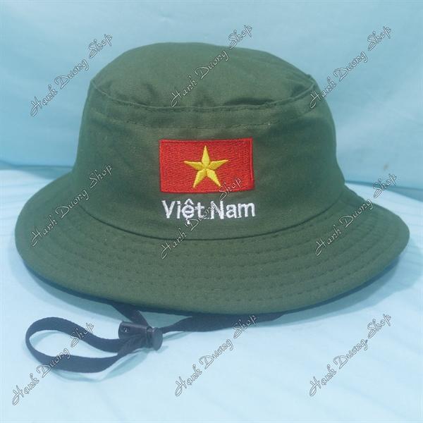 Nón tai bèo trẻ em 3-5 tuổi, mũ tai bèo thêu Lá cờ Việt Nam size đầu 52-53cm, đường kính 18cm - Rêu Đậm