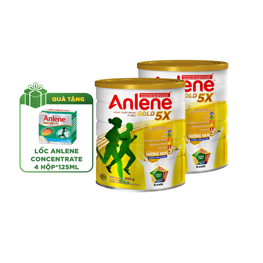 Combo 2 Sữa Bột Anlene Gold 5X Hương Vanilla (Hộp Thiếc 800g) tặng Anlene concentrate 4 lốc*125ml