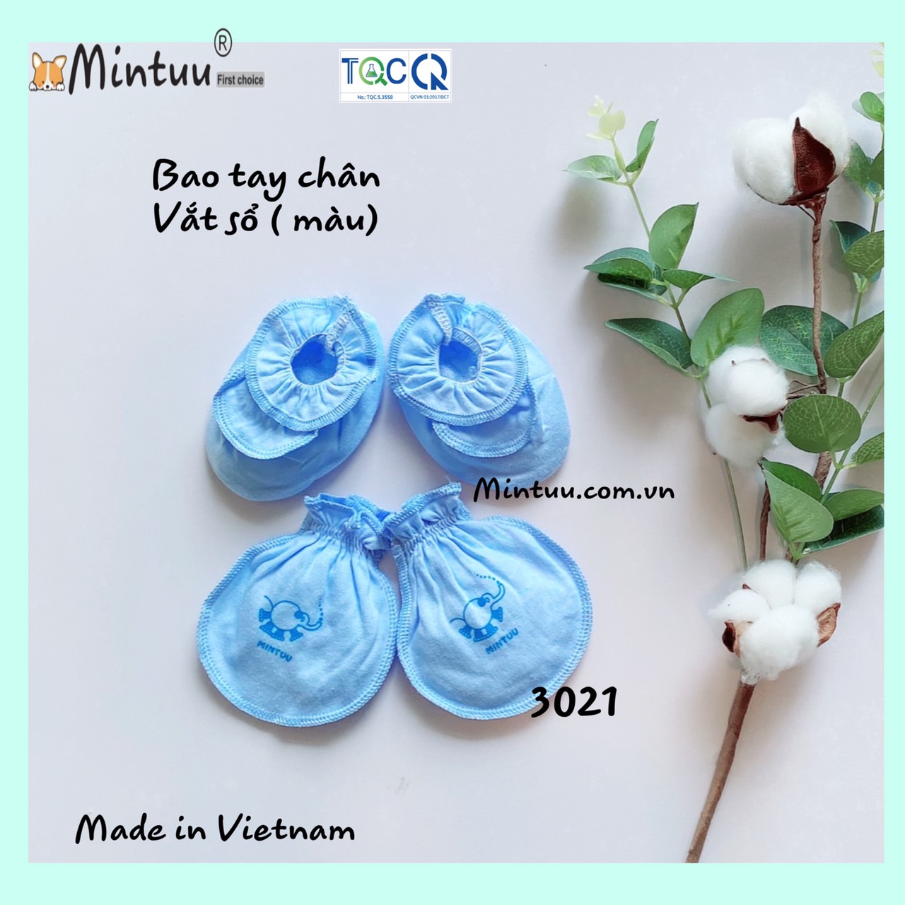 Bao tay bao chân sơ sinh màu cổ thun, chất liệu vải 100% cotton thương hiệu MINTUU