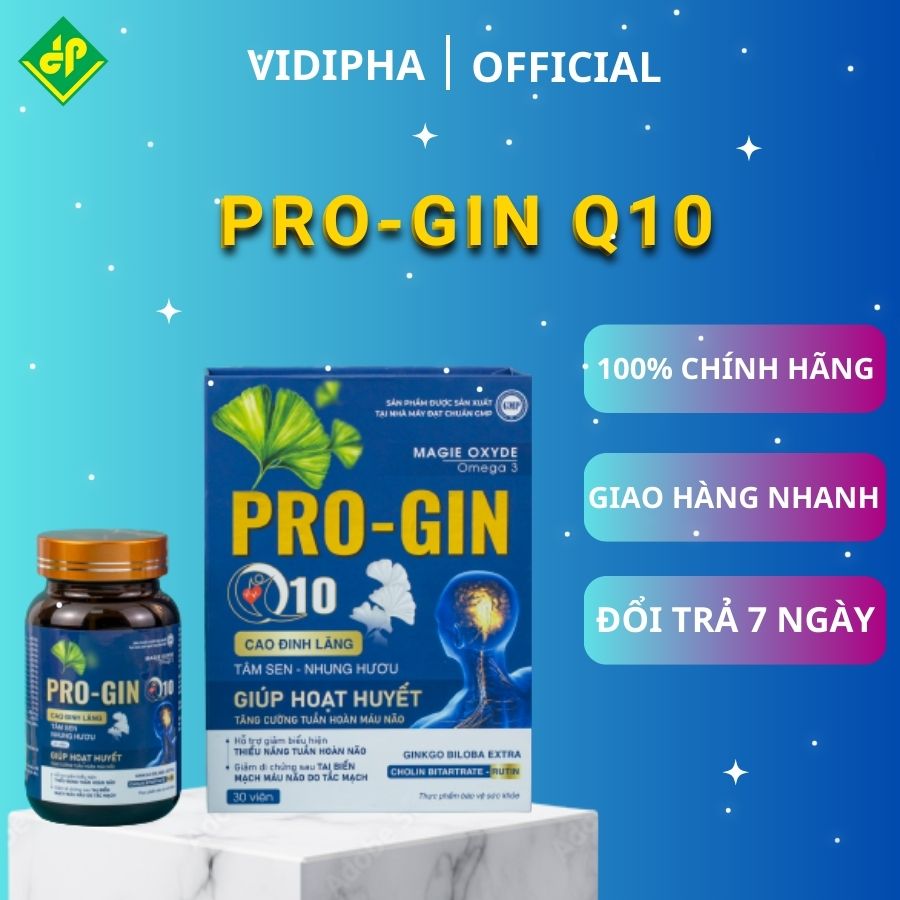 Hoạt huyết dưỡng não PROGIN Q10 - VIDIPHA Giảm Đau Đầu, Mất Ngủ, Suy Nhược Thần Kinh, Tăng Tuần Hoàn Máu Não Hộp 30v