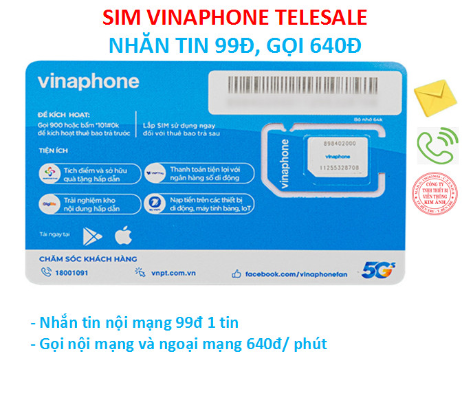 Sim Vinaphone Telesale bảng 4G dùng mãi ưu đãi nhắn tin rẻ chỉ 99đ, lại thêm giảm cước gọi còn 640đ, Hàng chính hãng