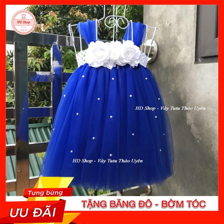 Đầm cho bé ️️ Đầm xanh coban hoa hồng trắng cho bé gái từ 0 đến 6 tuổi