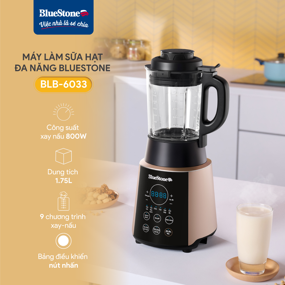 Máy Xay Nấu Sữa Hạt Đa Năng BlueStone BLB-6033 - Công suất 800W - 9 chương trình nấu - Bảo hành 24 tháng - Hàng chính hãng
