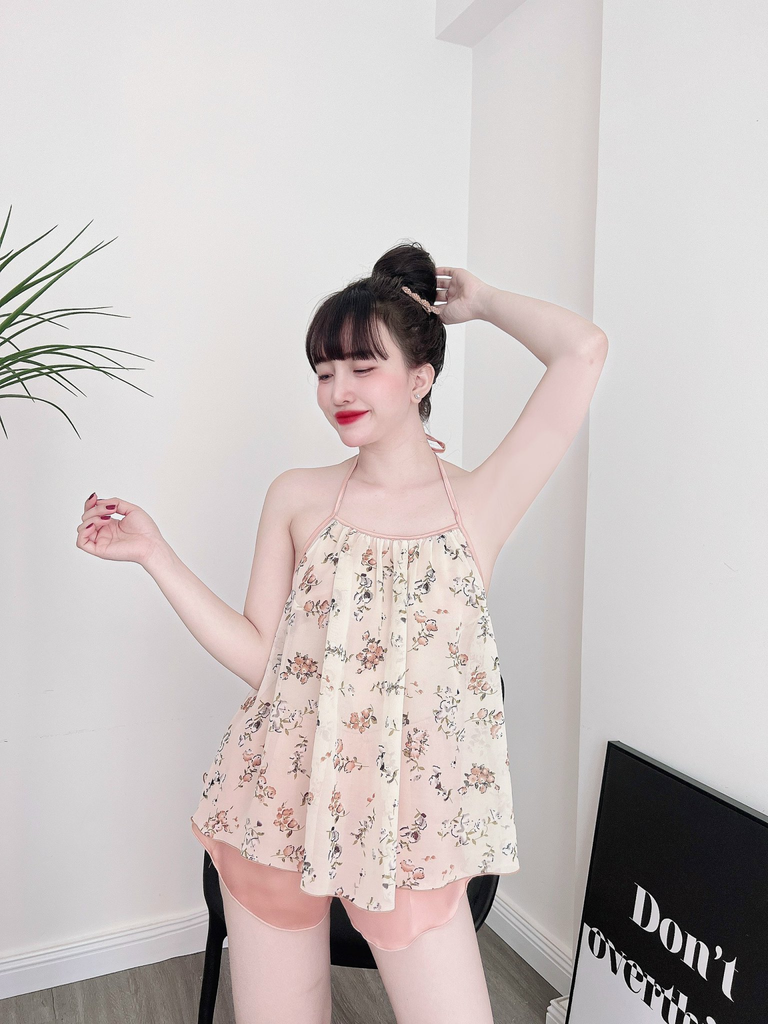Đồ Bộ Ngủ Lụa 2 Dây Nữ, Bộ Ngủ Sexy Nữ áo voan tơ cổ yếm + quần satin, freesize 40_57kg, tuỳ chiều cao - 7