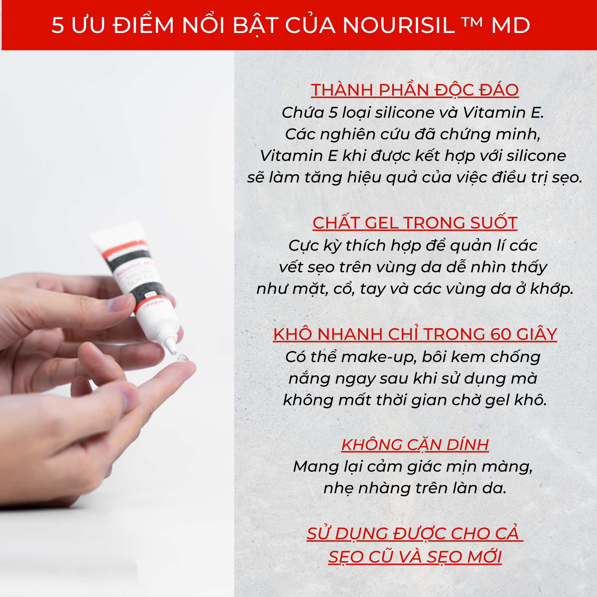 Kem sẹo Nourisil MD cao cấp - Gel sẹo silicone làm mờ và ngăn ngừa sẹo xấu hiệu quả (Chai 10g)