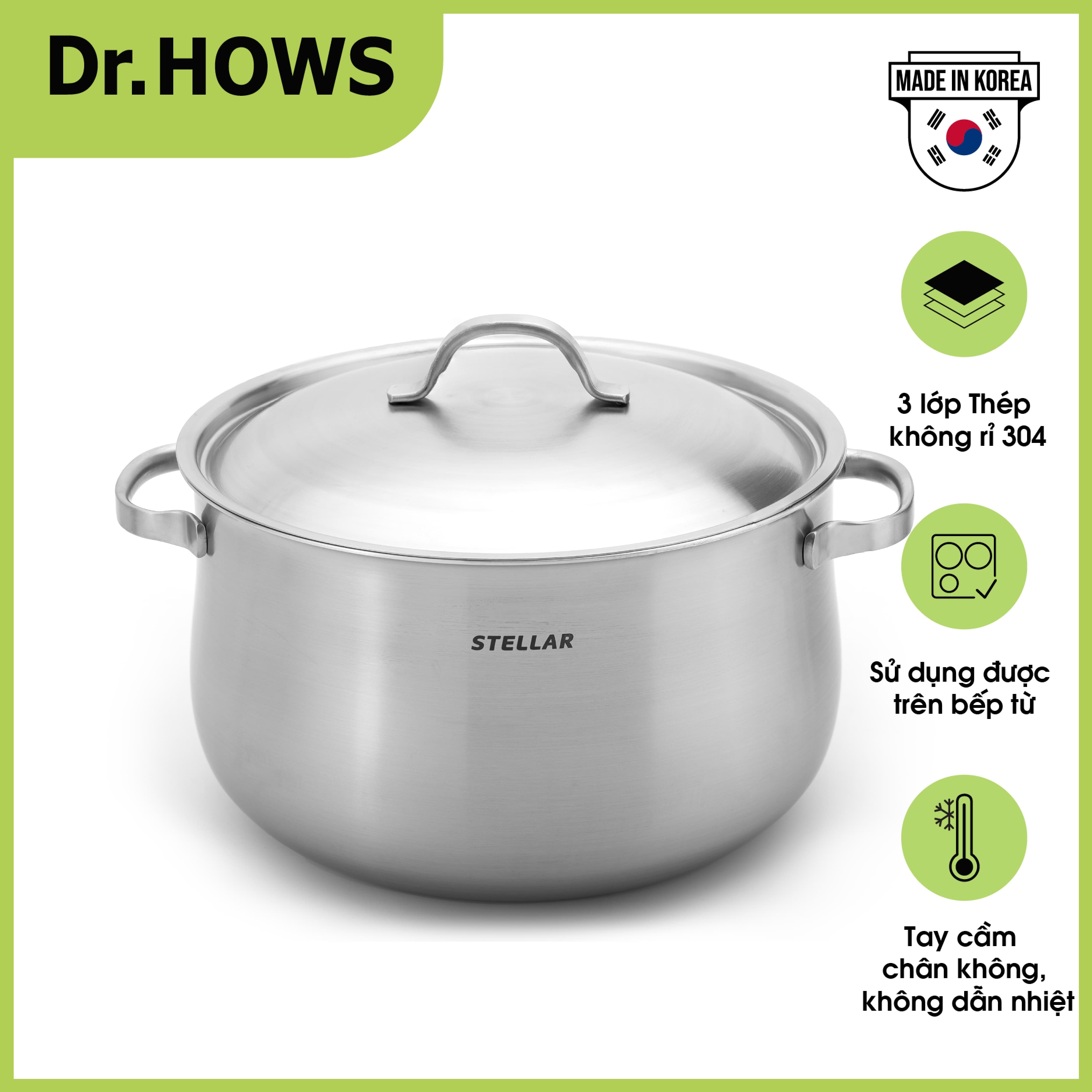 Nồi hầm Inox 3 lớp Dr.Hows Stella Stock Pot 28cm Inox