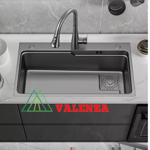 Bồn chậu rửa chén bát 1 hố lớn 78x46cm sus304 nano đen Valenza dày 3,5li kèm chậu phụ inox, bộ xả to ngăn mùi-Hàng chính hãng