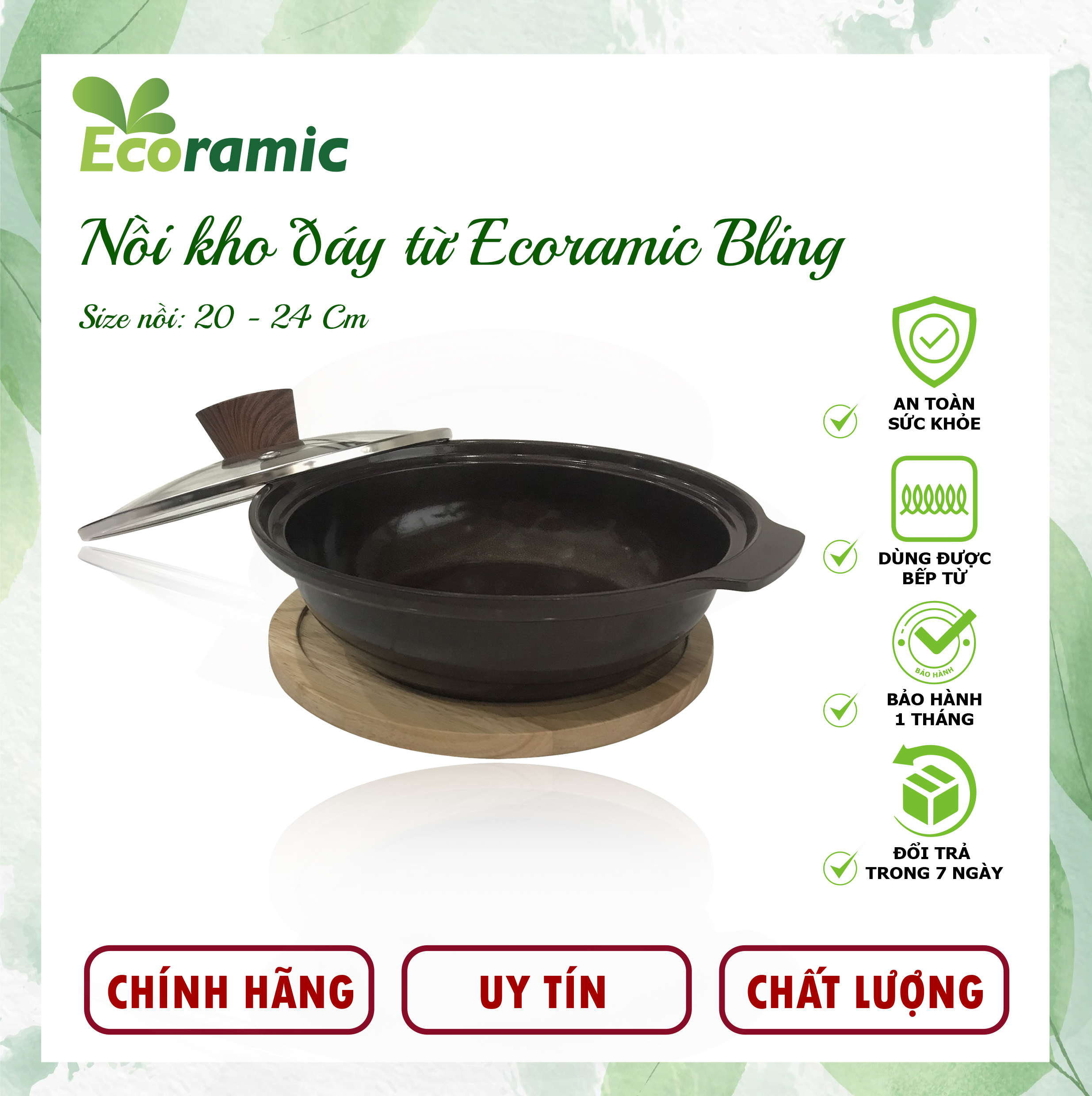 Nồi Kho Bếp Từ Ecoramic Bling  Chính Hãng Chống Dính, Siêu Bền - Tặng Kèm Đế Lót Gỗ Cao Cấp