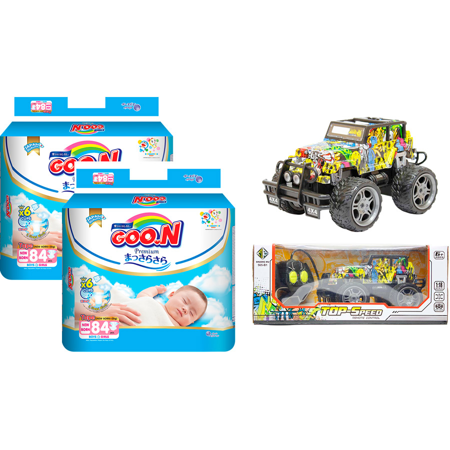 Combo 2 bịch Tã dán Goon Premium cao cấp gói siêu đại NB84 ( NB~ 5kg) 84 miếng + Bộ đồ chơi xe điều khiển cao cấp