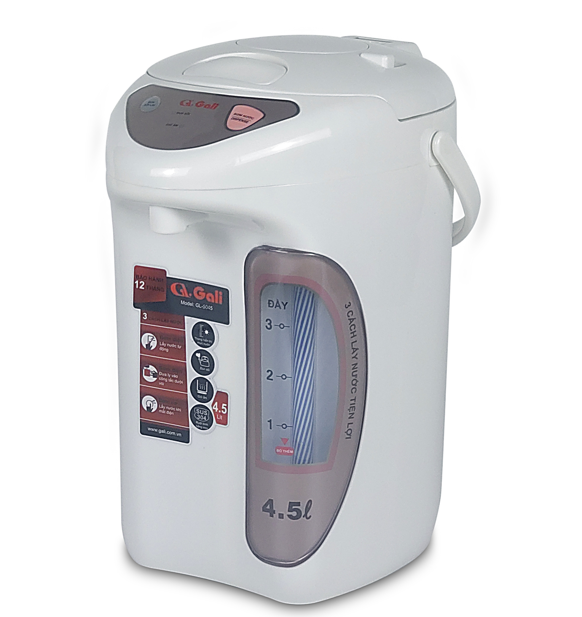 Bình thủy điện Gali GL-5045 dung tích 4.5 lít, phích cấu tạo 2 lớp thân ngoài nhựa, ruột inox 304, hàng chính hãng 100% Gali, bảo hành 24 tháng