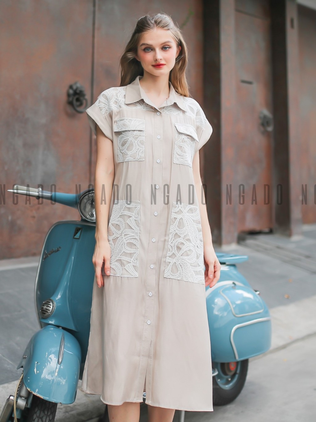 Đầm sơ mi nude phối ren NGADO