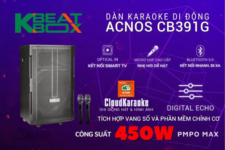 Loa kéo di động Acnos CB391G - Bass 4 tấc, công suất lên đến 450W - Đầy đủ bluetooth 5.0, cổng quang (Optical), AUX, USB - Điều chỉnh Delay, Echo dễ dàng - Kèm 2 micro không dây UHF cao cấp - Hàng chính hãng