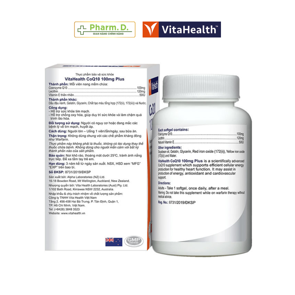 Viên Uống Hỗ Trợ Sức Khỏe Tim Mạch VITAHEALTH CoQ10 100mg Plus ( Hộp 30 Viên)