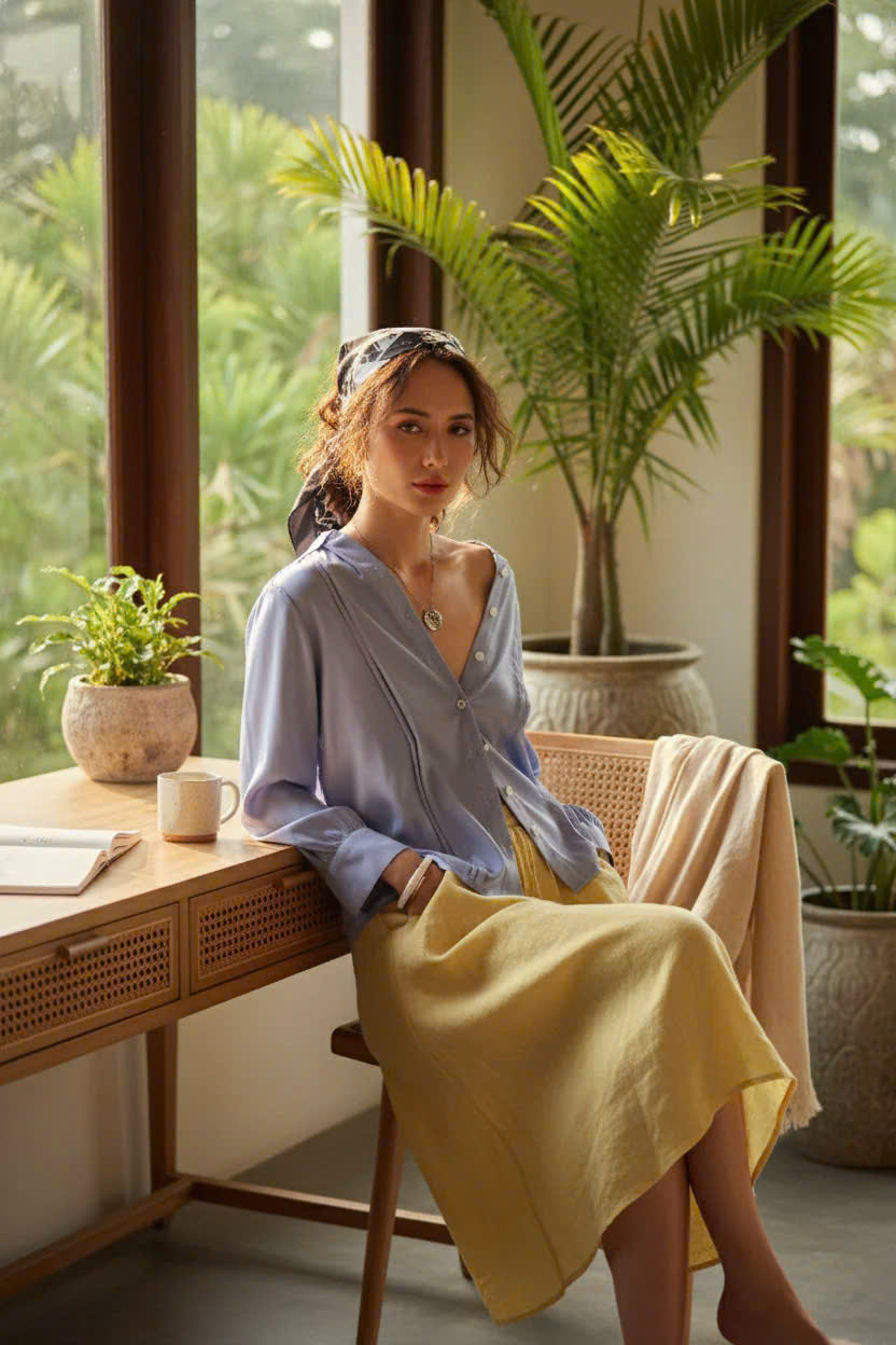 Áo Sơ Mi Lụa Thanh Lâm, Áo Sơ Mi Dài Tay Phong Cách Công Sở Thời trang thiết kế Hity Top173 - L