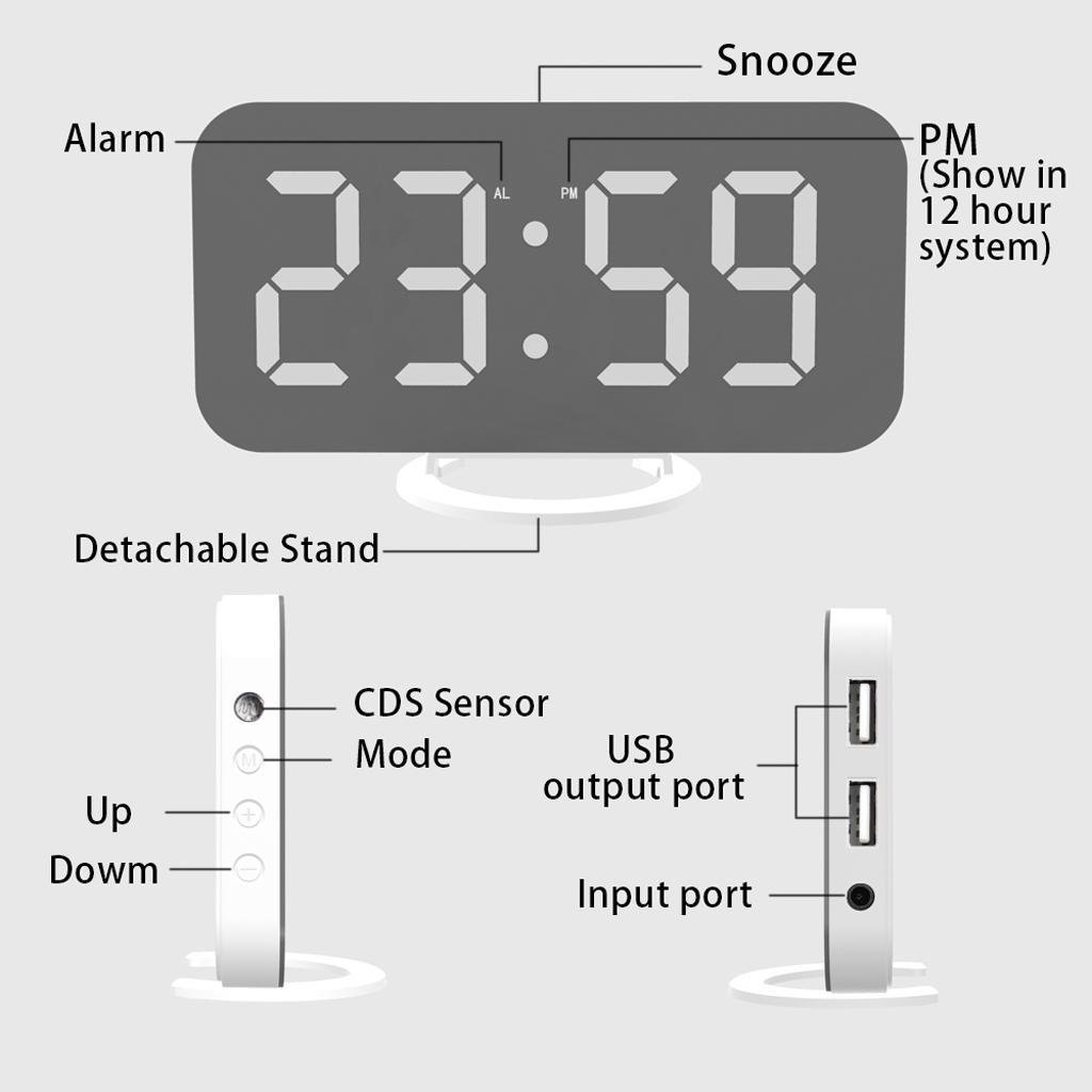 Digital Alarm Clock Portable Mirror Surface Snooze Clock USB Charging White