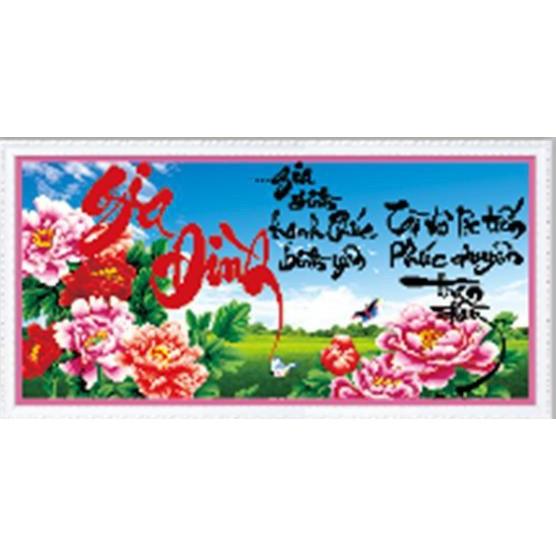 Tranh thêu gia đình hoa mẫu đơn nền xanh 88810 - kích thước: 67 * 36cm.