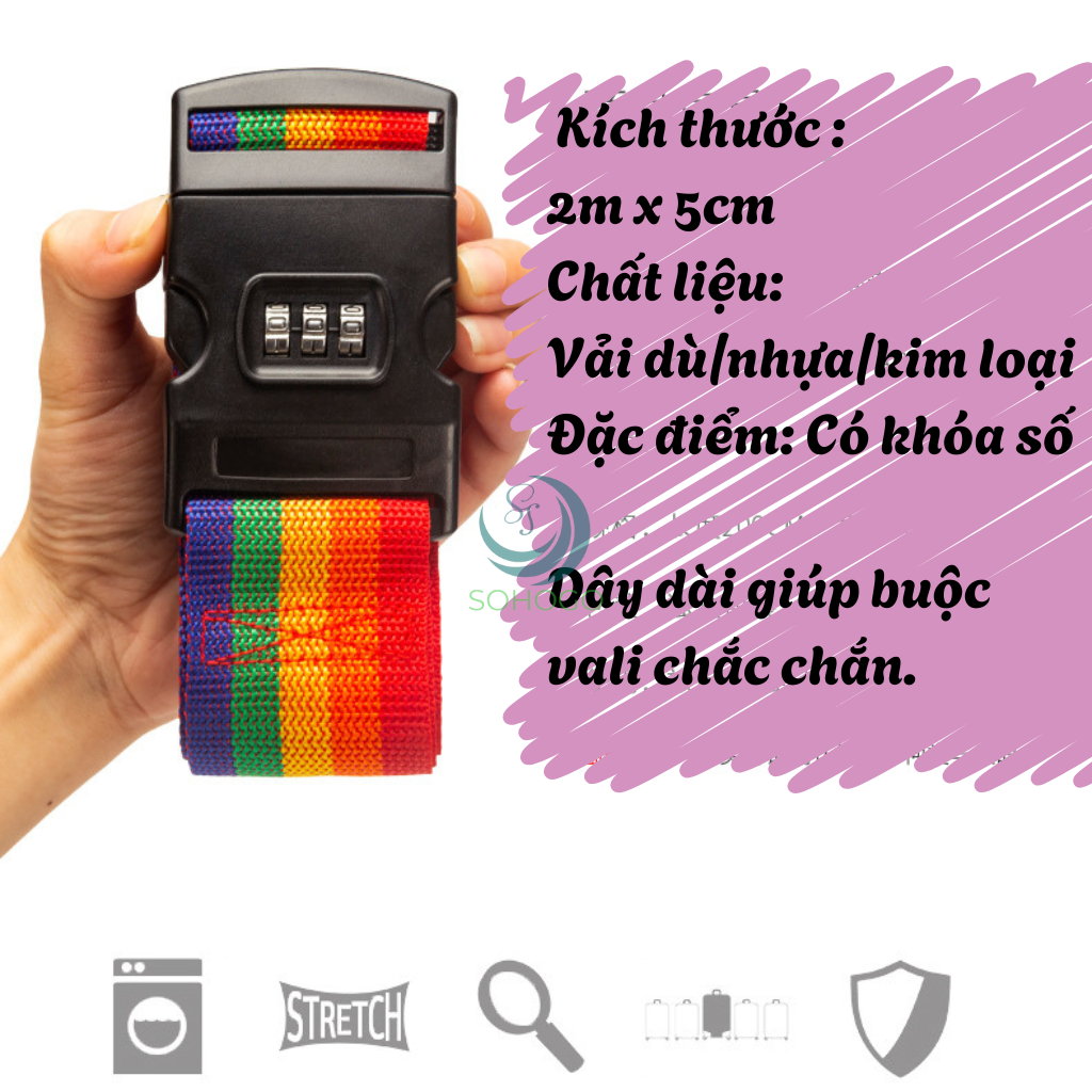 Dây đai vali hành lý chống bung 2m có khóa 3 số- Dây buộc vali du lịch co giãn, có khóa- Dây đai cố định vali cao cấp- Dây đai vali mã số an toàn