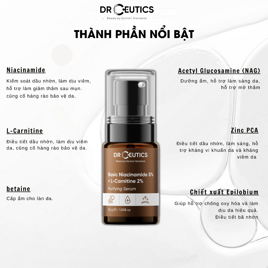 Drceutics Serum Phiên Bản Nâng Cấp Basic Niacinamide 8% + L-Carnitine 2% - Điều Tiết Da Dầu, Chăm Sóc Da Dầu Mụn(30g)