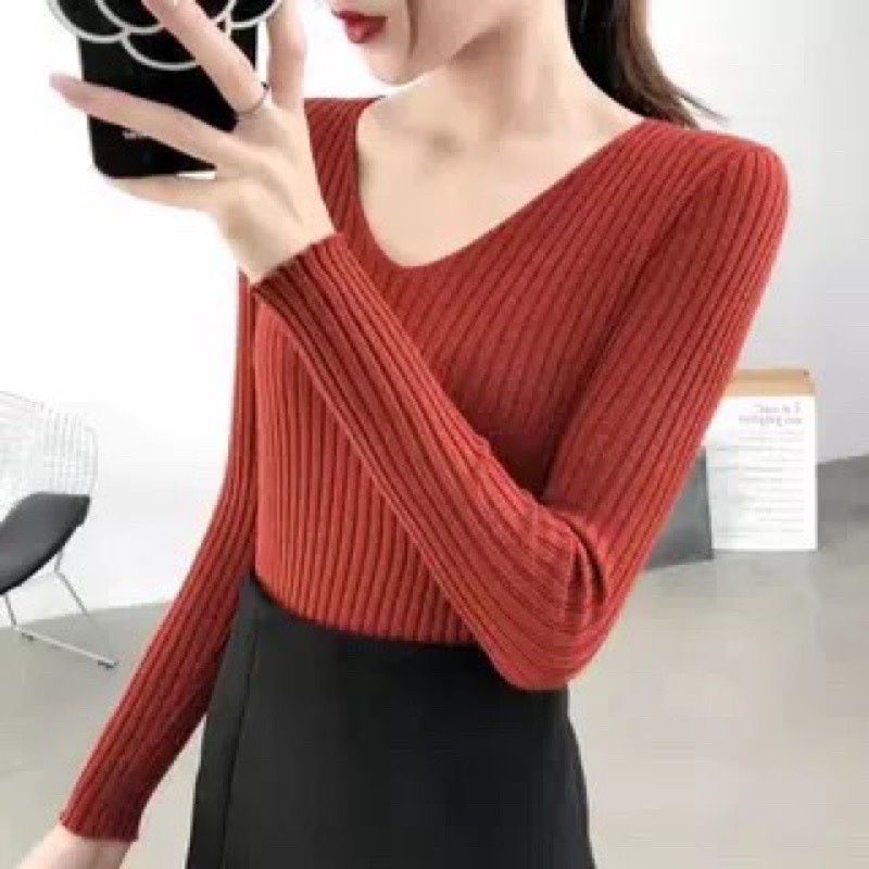 Áo len dài tay nữ tăm to Quảng Châu cổ tim AL100