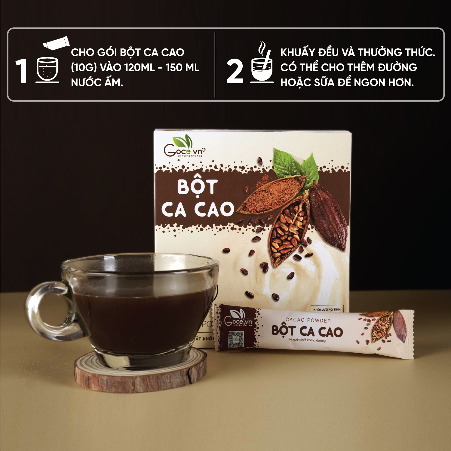 Bột ca cao nguyên chất Goce - 150g (15 gói x 10g) ST