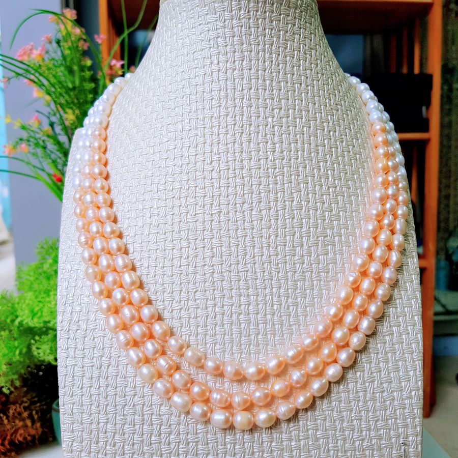 Vòng Cổ Ngọc Trai Nước Ngọt Thiên Nhiên Cao Cấp - Chuỗi 3 Hàng Xoài - Trang Sức Cô Tấm - VIGO PEARL - Trắng Cam - CTJ4111