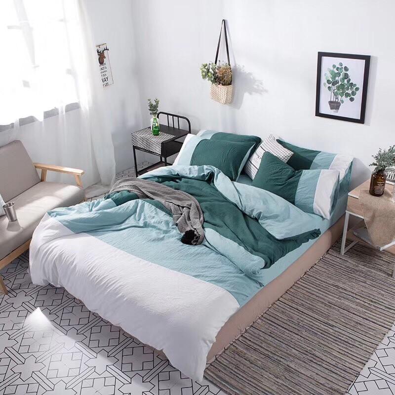 Set Bộ vỏ chăn ga gối cotton đũi phối 3 màu cao cấp - xanh đậm trắng đẹp