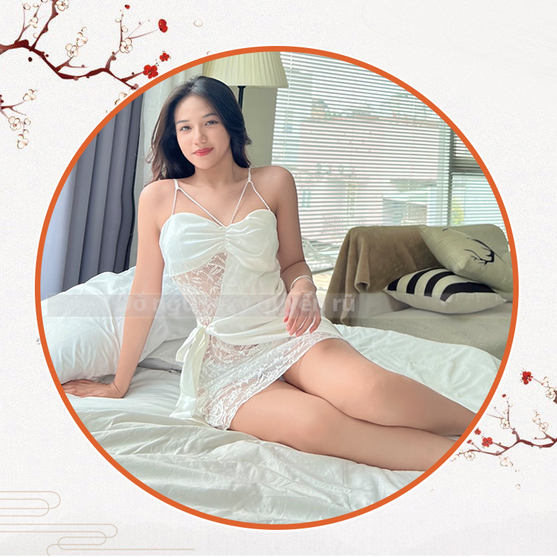 P31 Váy ngủ lụa sexy phối ren một bên gợi cảm  - Đầm ngủ lụa 2 dây ren một bên quyến rũ - Đồ ngủ nữ sexy