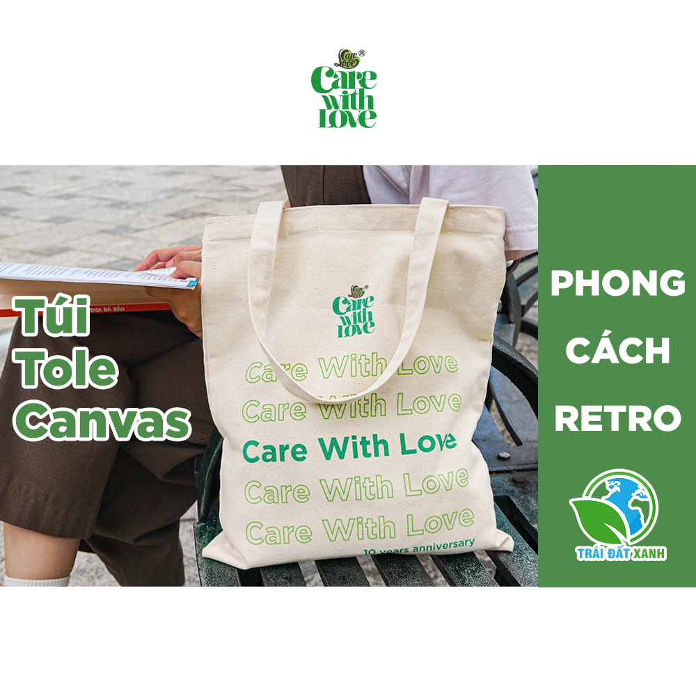 Túi Tote Canvas CARE WITH LOVE Phong Cách Retro Cao Cấp