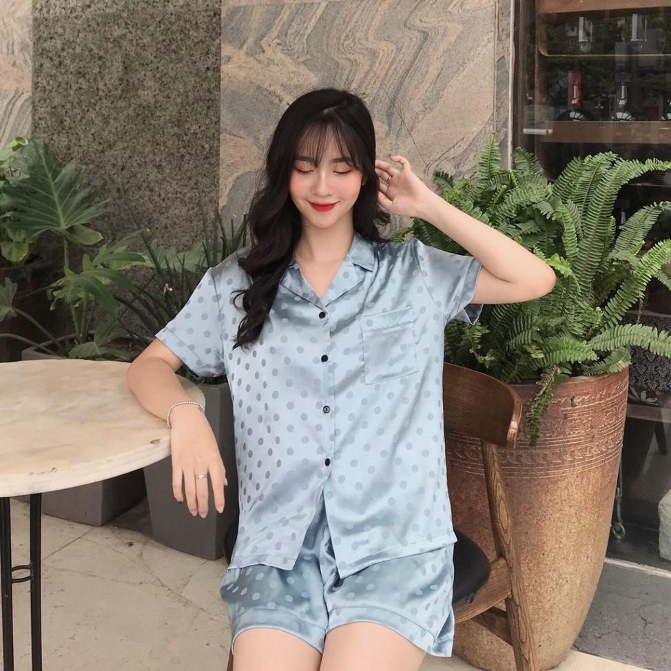Freeship Đồ ngủ pijama lụa gấm chấm bi cộc đùi